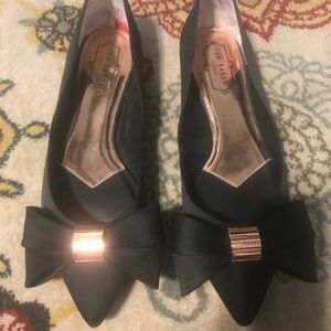 Black satin and rose gold flats